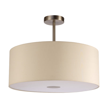 Baymont E27 semi-flush ceiling light, 50cm ivory faux-silk drum shade with satin nickel fitting and frosted diffuser base, shown on a plain white background.