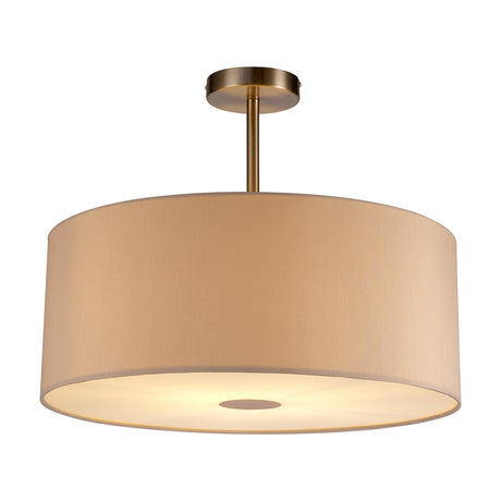 Baymont Semi Flush Ceiling Light in nude beige fabric drum shade with satin nickel frame and frosted diffuser, shown on a plain white background.