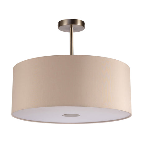 Baymont semi-flush ceiling light, 50cm wide drum shade in nude beige fabric with satin nickel frame and frosted diffuser, on a plain white background.