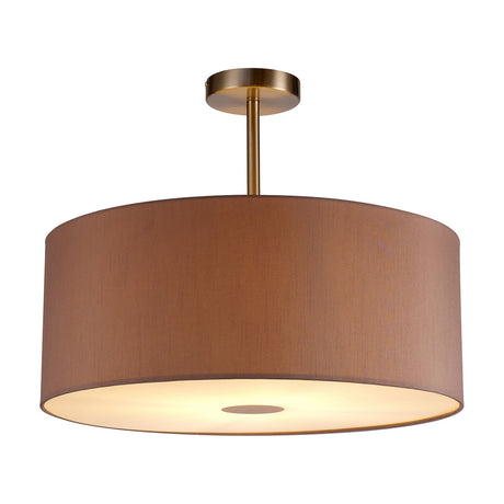 Baymont E27 semi flush ceiling light, 50cm taupe faux silk drum shade with gold lining on a satin nickel stem and rose, frosted diffuser lit from below, plain white background.