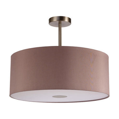 Baymont E27 semi-flush ceiling light with a wide 50cm taupe drum shade, satin nickel frame and rod, and frosted acrylic diffuser, shown on a plain white background.