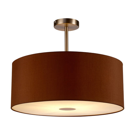 Baymont Semi Flush Ceiling Light, 50cm wide fabric drum shade in raw cocoa brown with satin nickel frame and rod, frosted diffuser beneath, on a plain white background.