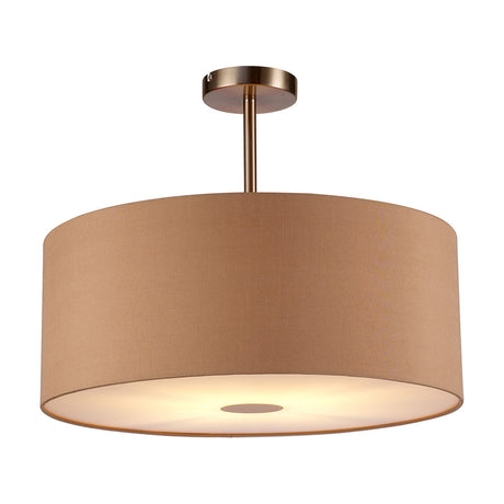 Baymont Semi Flush Ceiling Light, 50cm wide drum shade in antique gold fabric with satin nickel fittings and short rod mount, shown on a plain white background.