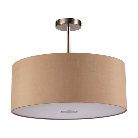 Baymont Semi Flush Ceiling Light 50cm, a wide drum shade in antique gold fabric with satin nickel fittings and a white diffused underside, shown on a plain white background.