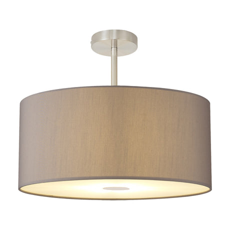 Baymont Semi Flush Ceiling Light 50cm, a grey fabric drum shade with frosted acrylic diffuser and satin nickel fitting, shown lit on a plain white background.