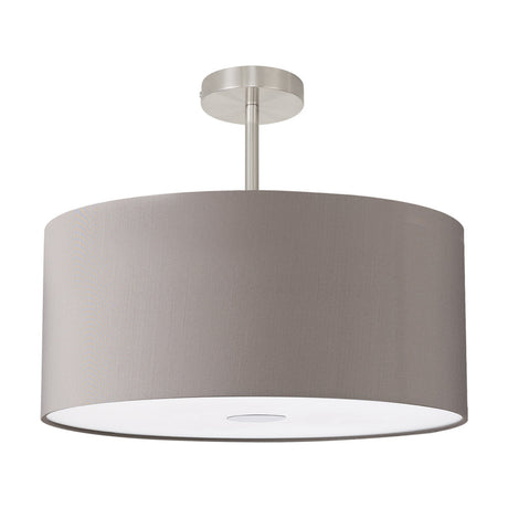Baymont Semi Flush Ceiling Light with a wide 50cm grey drum shade, white diffuser underside, and satin nickel ceiling mount, shown on a plain white background.