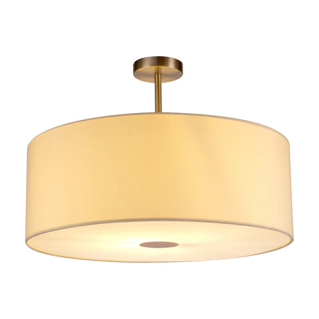 Baymont E27 semi-flush ceiling light, 60cm wide ivory faux silk drum shade with frosted diffuser base and satin nickel ceiling mount, shown on a plain white background.