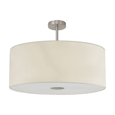Baymont E27 semi-flush ceiling light, 60cm ivory faux silk drum shade with satin nickel fitting and frosted diffuser, on a plain white background.