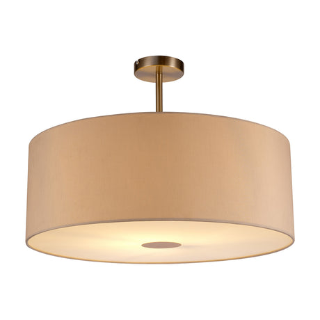 Baymont Semi Flush Ceiling Light, a 60cm drum-shaped fixture in nude beige fabric with a satin nickel frame and stem mount, shown against a plain white background.