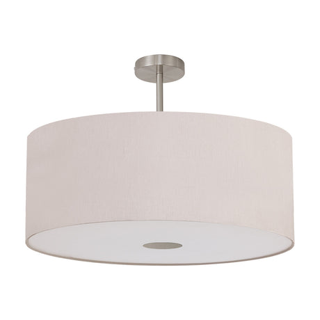 Baymont Semi Flush Ceiling Light, 60cm nude beige fabric drum shade with satin nickel frame and frosted diffuser, on a plain white background.