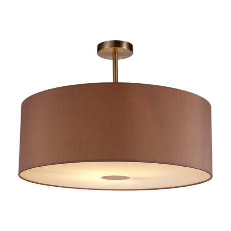 Baymont E27 semi flush ceiling light, 60cm wide taupe fabric drum shade with gold interior lining, satin nickel stem mount, frosted diffuser, on a plain white background.
