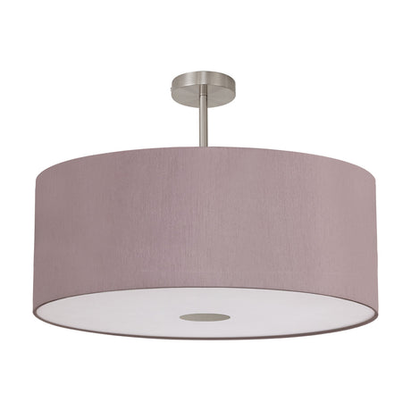 Baymont E27 semi-flush ceiling light, 60cm wide drum shade in taupe fabric with satin nickel fitting and frosted diffuser, shown on a plain white background.