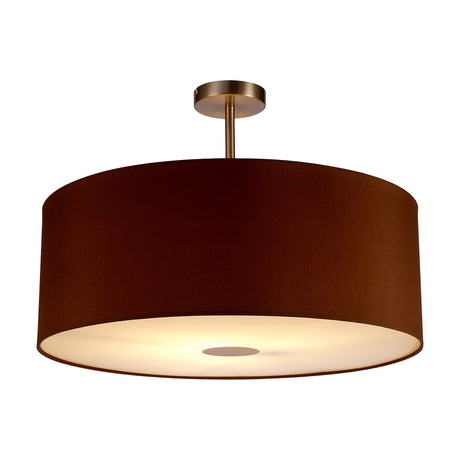 Baymont Semi Flush Ceiling Light 60cm, a wide drum-shaped fixture with Raw Cocoa fabric shade and satin nickel ceiling mount, shown lit against a plain white background.