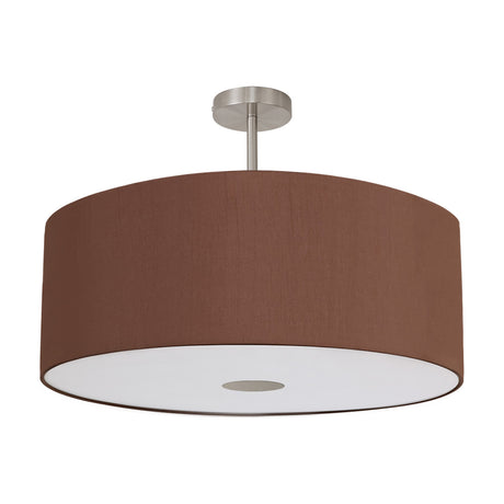 Baymont Semi Flush Ceiling Light, a 60cm drum-shaped shade in Raw Cocoa fabric with satin nickel fitting and frosted acrylic diffuser, shown on a plain white background.