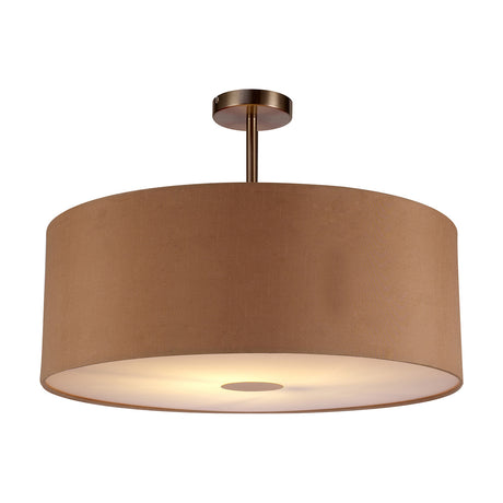 Baymont Semi Flush Ceiling Light, 60cm wide drum shade in antique gold fabric with satin nickel frame and frosted diffuser, shown lit against a plain white background.
