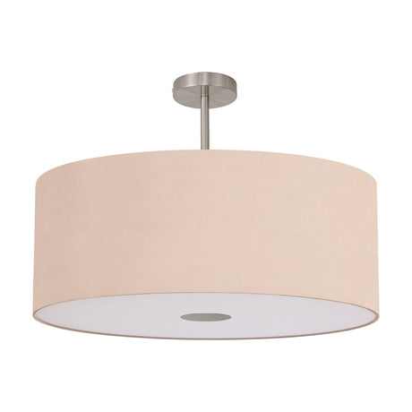 Baymont 60cm semi-flush ceiling light with a wide drum shade in soft blush fabric, satin nickel stem and frame, frosted diffuser base, shown on a plain white background.