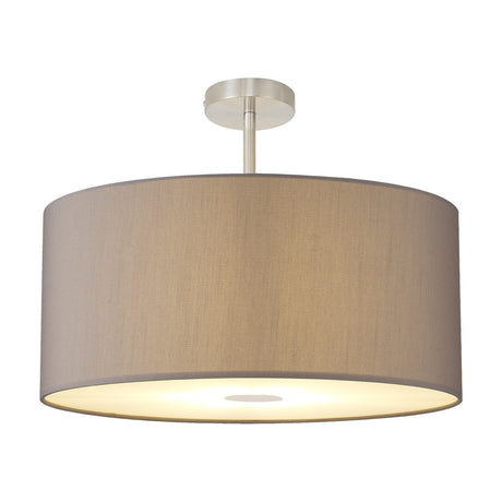 Baymont Semi Flush Ceiling Light, 60cm grey drum shade with satin nickel mount and ceiling plate, shown against a plain white background.
