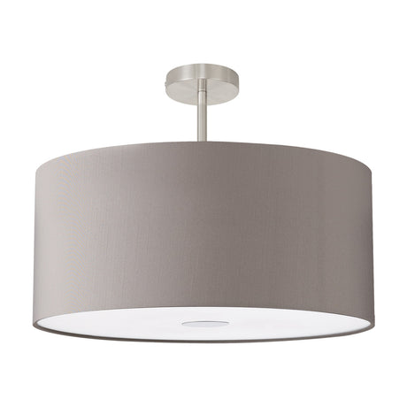Baymont Semi Flush Ceiling Light, 60cm grey drum shade with white diffuser and satin nickel ceiling mount, shown on a plain white background.