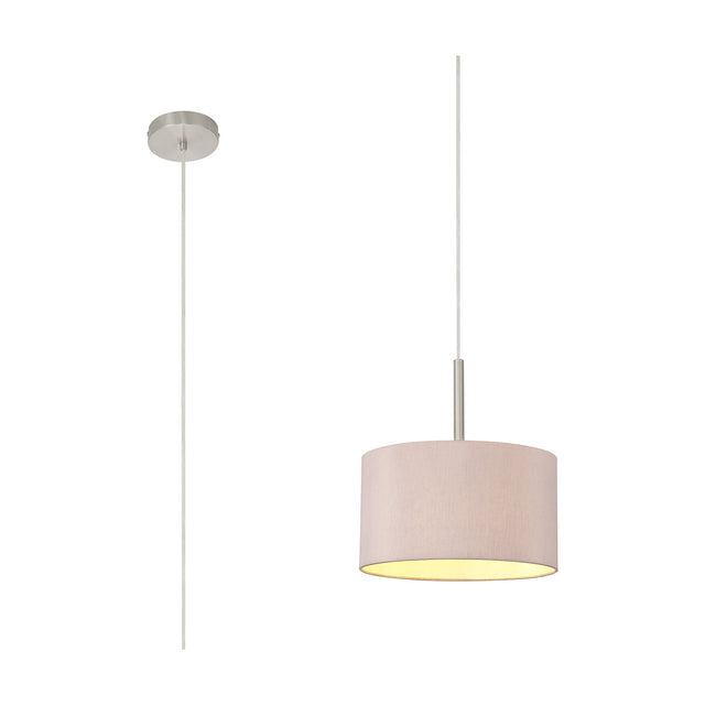Baymont E27 pendant light with a 30cm taupe fabric drum shade on satin nickel suspension and ceiling cup, shown against a plain white background alongside its ceiling rose and flex.