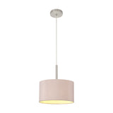 Baymont E27 pendant light with a 30cm taupe drum shade on satin nickel suspension and ceiling cup, shown against a plain white background.