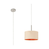 Baymont 30cm pendant light with cream fabric drum shade, orange interior lining, and satin nickel fittings, shown alongside its matching wall-mounted version.