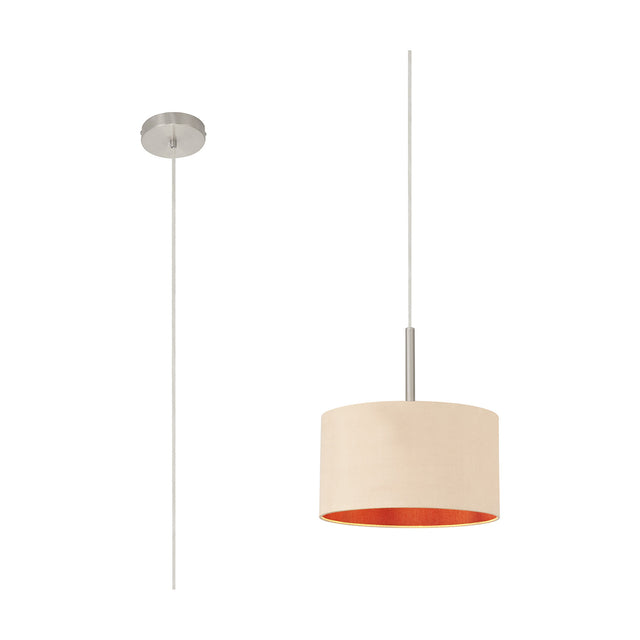Baymont 30cm pendant light with cream fabric drum shade, orange interior lining, and satin nickel fittings, shown alongside its matching wall-mounted version.