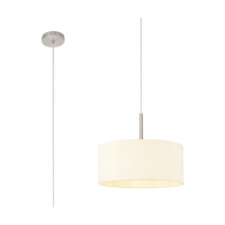 Baymont E27 pendant light with a 40cm ivory pearl drum shade and satin nickel suspension rod, shown alongside its ceiling rose and cable on a plain white background.