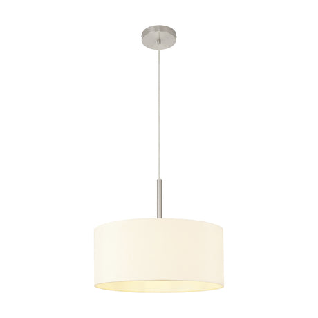 Baymont E27 pendant light with a 40cm ivory pearl drum shade and satin nickel suspension rod and ceiling rose, shown on a plain white background.