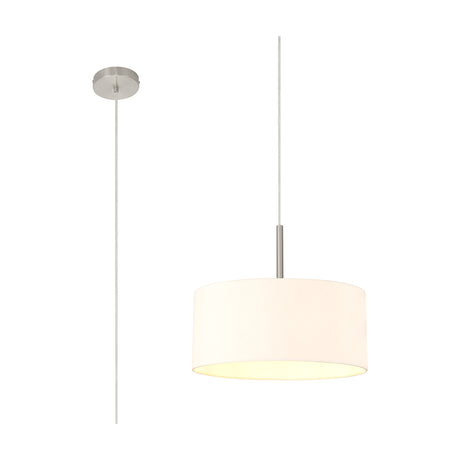Baymont E27 pendant light with 40cm drum-shaped nude beige fabric shade, satin nickel ceiling cup and flex, shown alongside a wiring diagram on a white background.