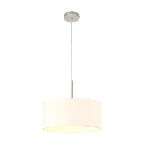 Baymont E27 pendant light with a 40cm nude beige fabric drum shade and satin nickel ceiling cup, flex, and lamp holder, shown on a plain white background.