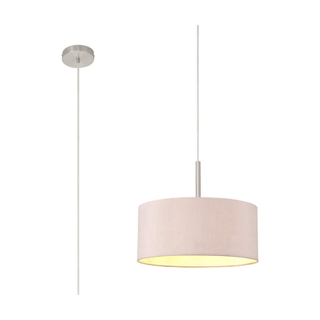 Baymont E27 pendant light with a 40cm taupe faux silk drum shade and gold-lined interior, satin nickel suspension and adjustable cord, shown with wiring diagram on a white background.
