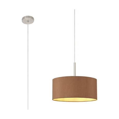 Baymont E27 pendant light, 40cm drum shade in raw cocoa fabric with bronze lining, satin nickel suspension and ceiling rose, shown alongside a bare cord version on a white background.