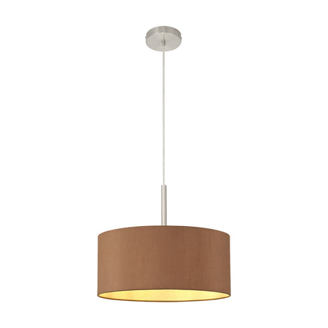Baymont E27 pendant light, 40cm drum shade in raw cocoa fabric with a bronze inner lining, suspended by a satin nickel rod and ceiling rose on a plain white background.