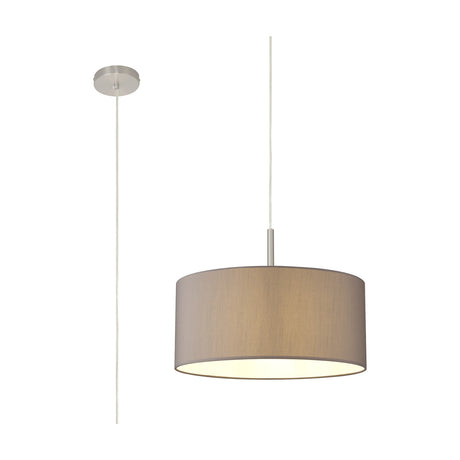 Baymont E27 pendant light with a 40cm grey fabric drum shade and white lining on a satin nickel suspension, shown with its round ceiling mount on a plain white background.