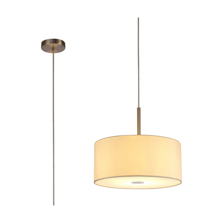 Baymont E27 pendant light with ivory faux silk drum shade, frosted acrylic diffuser and satin nickel suspension rod, shown with rise-and-fall version on a plain white background.