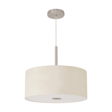 Baymont E27 pendant light with an ivory faux silk drum shade, frosted acrylic diffuser, and satin nickel rod suspension, shown on a plain white background.