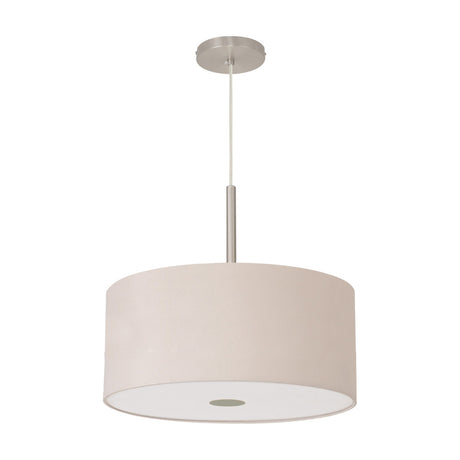 Baymont Pendant Light with a single nude beige drum shade and frosted acrylic diffuser, satin nickel suspension and ceiling cup, shown on a plain white background.