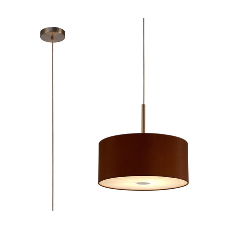 Baymont Pendant Light in raw cocoa faux silk drum shade with satin nickel suspension and frosted acrylic diffuser, single E27 fitting, shown lit and unlit on a plain white background.