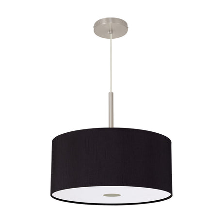 Baymont Pendant Light with 40cm midnight black fabric drum shade, satin nickel rod suspension and ceiling cup, frosted acrylic diffuser beneath, shown on a plain white background.