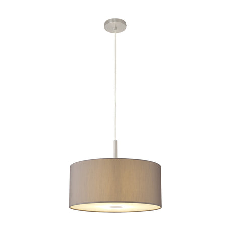 Baymont E27 pendant light with a wide grey drum shade, frosted acrylic diffuser, and satin nickel suspension, shown on a plain white background.