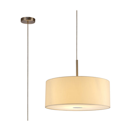 Baymont E27 pendant light with a 50cm ivory pearl drum shade, frosted acrylic diffuser, and satin nickel ceiling plate and rod, shown with its cable on a white background.