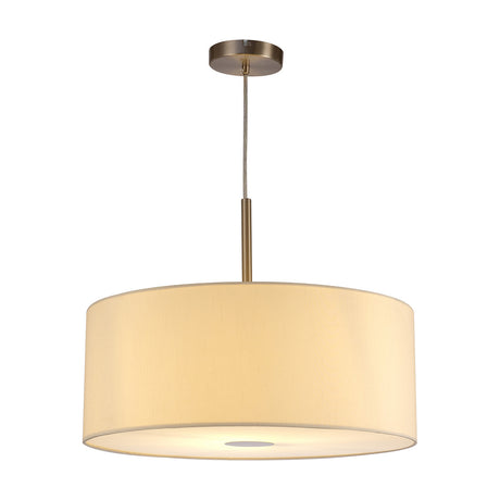 Baymont E27 pendant light with a 50cm ivory pearl drum shade, satin nickel ceiling plate, rod suspension and diffuser ring, shown on a plain white background.
