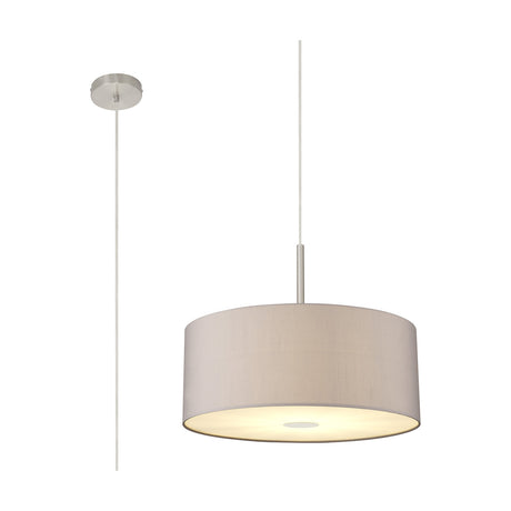 Baymont E27 pendant light with a 50cm grey drum shade, satin nickel suspension and frosted acrylic diffuser, shown lit and unlit against a plain white background.