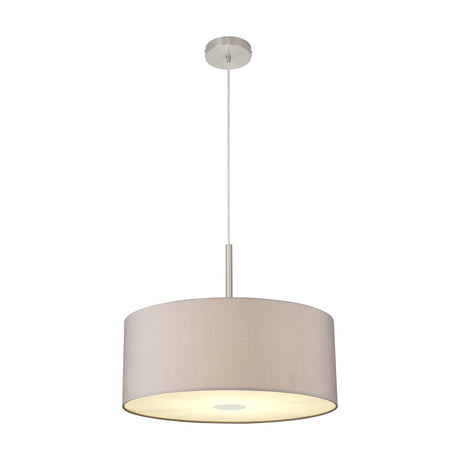 Baymont E27 pendant light with a 50cm grey drum shade and satin nickel suspension rod, frosted diffuser base, shown against a plain white background.