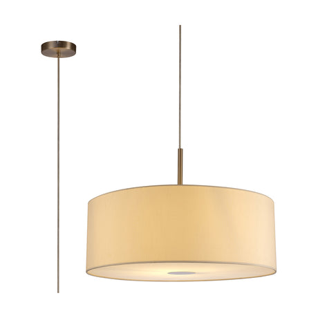 Baymont E27 pendant light, 60cm ivory pearl fabric drum shade with satin nickel suspension and frosted diffuser base, shown with rod fitting on plain white background.