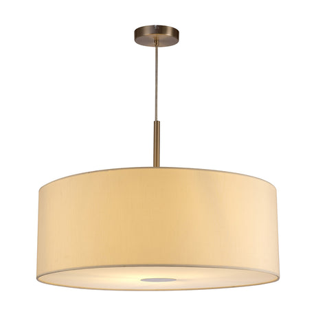 Baymont E27 pendant light with a 60cm wide drum shade in ivory pearl faux silk, satin nickel suspension rod and ceiling rose, shown on a plain white background.