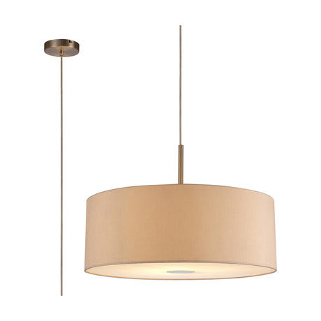 Baymont E27 pendant light with a wide 60cm nude beige faux silk drum shade, satin nickel rod suspension, and frosted acrylic diffuser, shown with ceiling rose on a plain white background.
