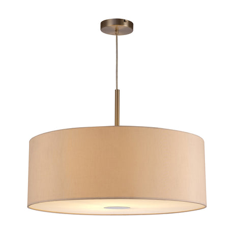 Baymont E27 pendant light in nude beige, a 60cm wide drum shade with satin nickel ceiling rose and rod suspension, frosted diffuser visible at the base, shown on a plain white background.