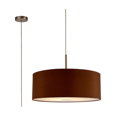 Baymont E27 pendant light with a 60cm raw cocoa fabric drum shade, satin nickel rod suspension, and frosted acrylic diffuser, shown on a plain white background.