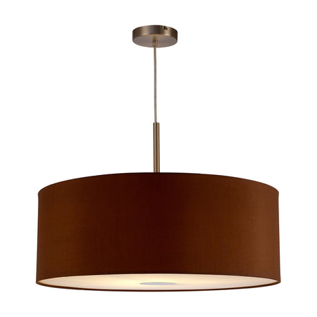 Baymont E27 pendant light with a wide 60cm raw cocoa faux silk drum shade, satin nickel suspension rod and ceiling rose, frosted acrylic diffuser at the base, on a plain white background.